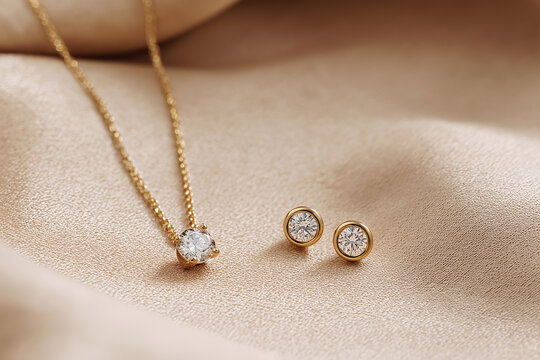 Round-shaped diamond pendant and golden earrings rest on silk. Luxury jewelry, elegance, gift, engagement, bridal, fashion, minimalism, lifestyle.