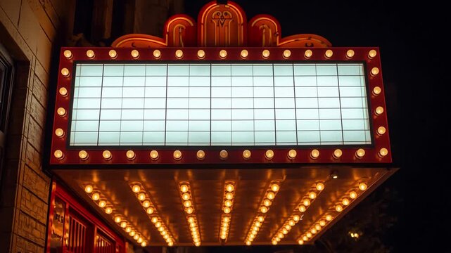 Illuminated theater marquee sign at night with glowing vintage light bulbs