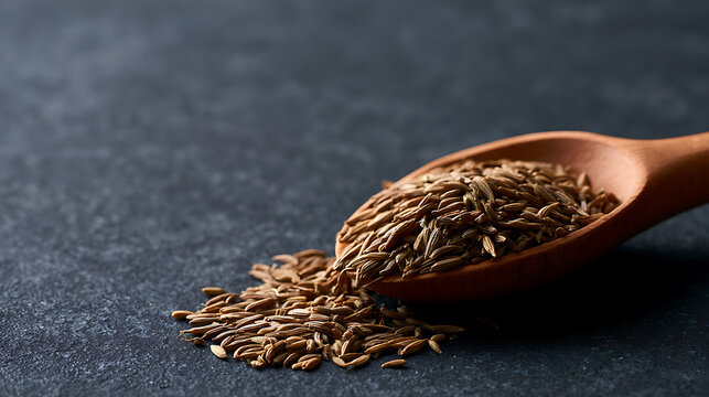 Flavorful caraway seeds (Carum carvi) pour from a rustic wooden spoon onto a dark, textured background, creating a natural culinary scene