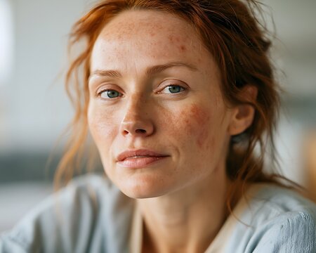 Close-up portrait of a ginger woman with a facial butterfly rash, symbolizing lupus flare, rosacea, skin vulnerability, acceptance, and chronic health struggles.