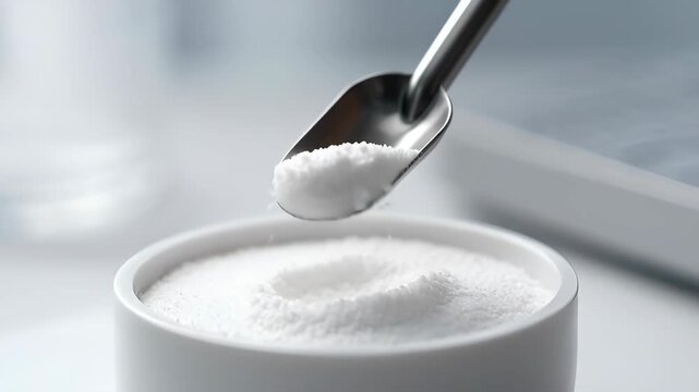 A close-up of a metal scoop taking a portion of white powder from a container