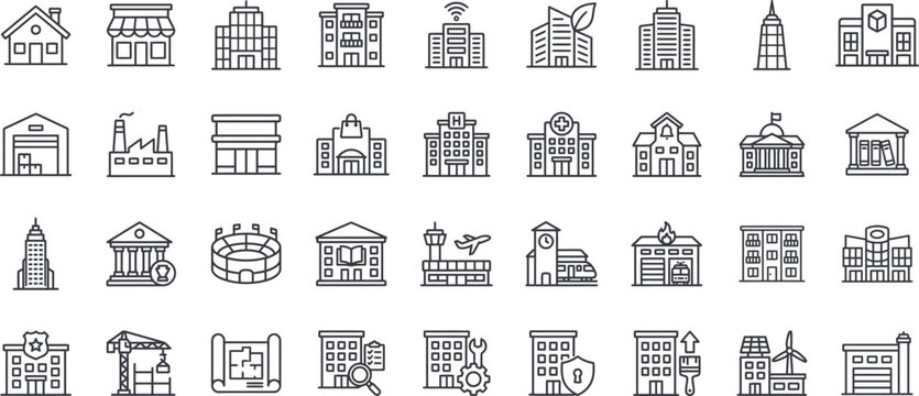 Building Line Icons Set &ndash; Modern Architecture, Commercial, Residential & Public Buildings Outline Vector Collection