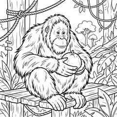 Obraz premium Gorilla holding apple while sitting on a bench in a jungle scene — Concept of coloring for children about zoo 