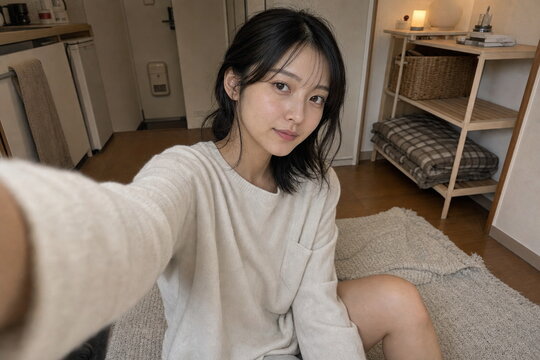 小さな部屋でルームウェア姿の女性が座る