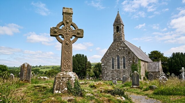 An old stone Celtic cross stands in a churchyard with a small stone church