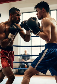 Two male boxers sparring in gym boxing ring