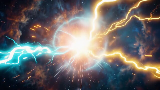 Cosmic energy explosion with blue and yellow lightning bolts in deep space 4k video