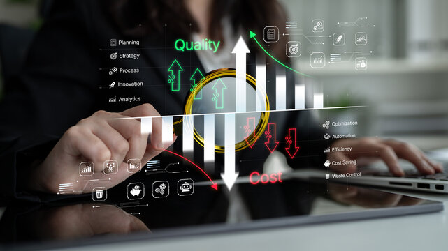 Business professional analyzing cost and quality metrics through digital interface with charts, graphs, and performance icons for strategic decision-making. Bitwise.