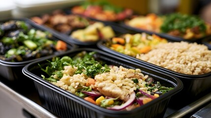Obraz premium Rows of black containers filled with colorful prepared meals including grains vegetables and protein on a stainless steel surface