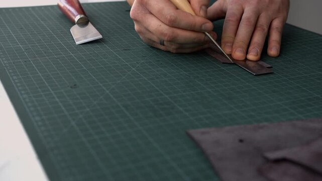 Leatherworker cutting genuine leather strips with a ruler and knife on a green self healing cutting mat in a workshop