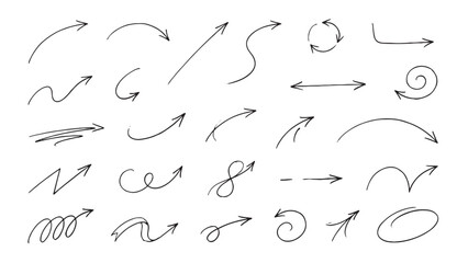 Thin pen sketch arrow set for minimal infographic and editorial design covering wavy, curved, looping, spiral and directional navigation pointers in fine line style © Abdul