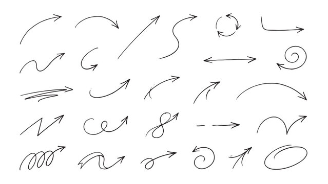 Thin pen sketch arrow set for minimal infographic and editorial design covering wavy, curved, looping, spiral and directional navigation pointers in fine line style