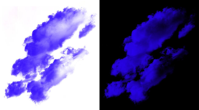 Vibrant blue smoke clouds on white and black background, ethereal ink in water texture, abstract indigo vapor splash for creative design overlays