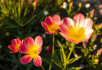 Fototapeta premium Four pink and yellow eustoma flowers in garden at golden hour