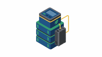 Isometric server rack with connected devices illustration. © Tukang