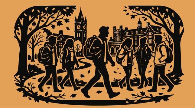 Group of students walking on a university campus in the autumn silhouette