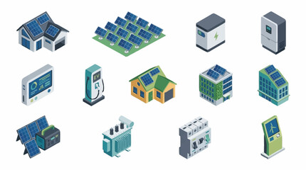 Fototapeta premium Isometric icons of renewable energy and technology devices.