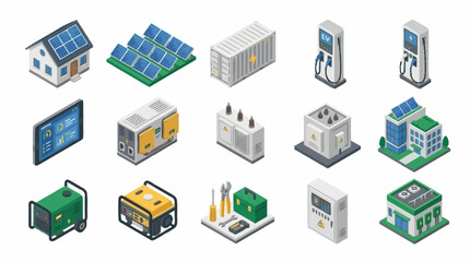 Fototapeta premium Isometric icons of renewable energy and industrial technology.