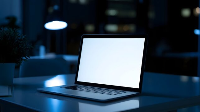 A laptop with blank white screen sits on a dark desk under cool blue ambient lighting with blurred background elements
