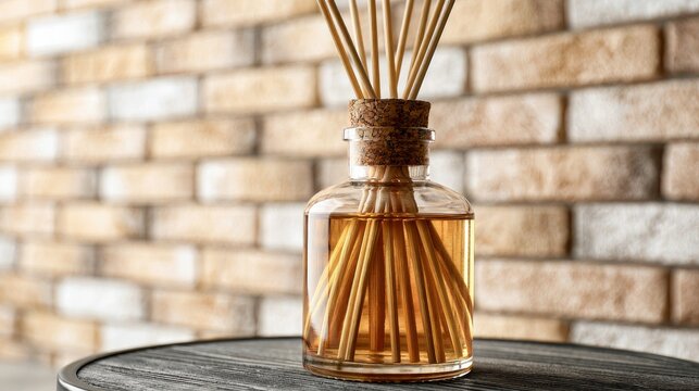 Reed diffuser bottle sits on a table by a light brick wall in a room, seen up close.