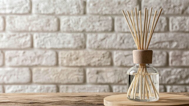 Reed diffuser bottle sits on a table by a light brick wall in a room, seen up close.