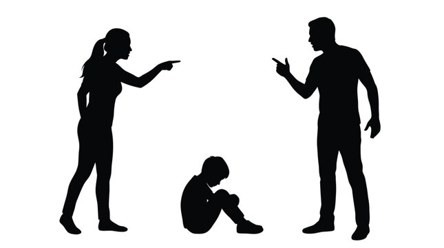 Silhouette vector illustration of angry parents scolding a sad child sitting alone on the floor