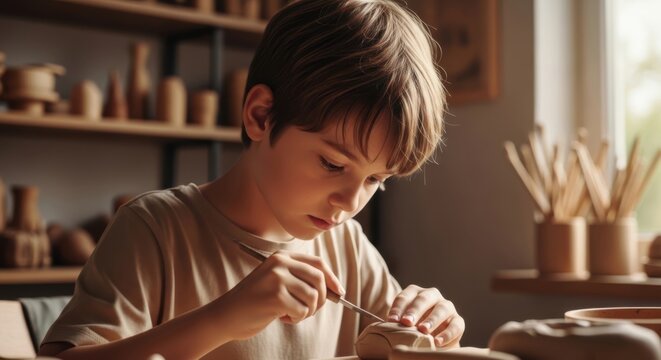 Young boy focused on sculpting clay in a workshop