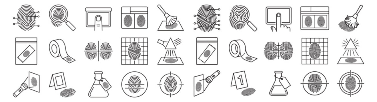 Fingerprint And Forensics Icon Set - Crime Scene Evidence, Identification And Detection Line Art
