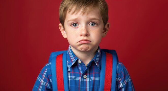 Sad young boy with backpack
