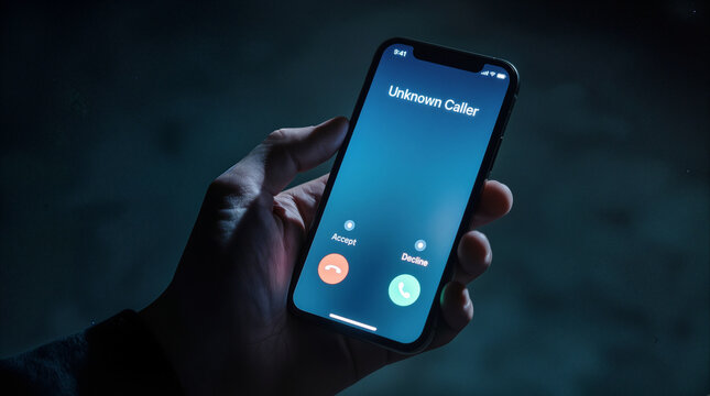 Smartphone screen displaying unknown caller notification held by person in dark setting. Incoming call from unidentified number on mobile device.