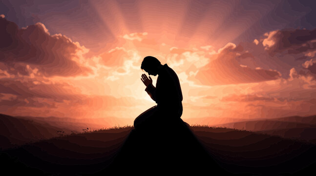 Silhouette of person praying at sunrise, spiritual concept, hope, enlightenment