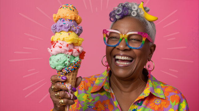 Cheerful senior Black woman holding giant multi-scoop ice cream cone. Eccentric lady with rainbow glasses and colorful hair accessories enjoying summer treat against pink background.