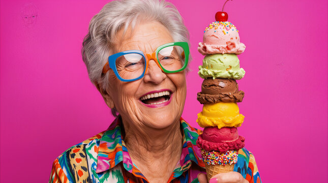 Laughing senior woman holding giant ice cream cone with multiple colorful scoops. Fun and vibrant summer treat concept with expressive elderly person wearing colorful glasses.