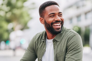 Fototapeta premium Young man laughing outdoors on urban street setting