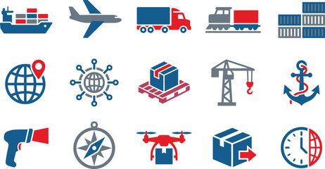 Obraz premium Set of logistics and shipping icons including cargo ship airplane truck train pallet crane anchor drone and scanner for global delivery and transportation services