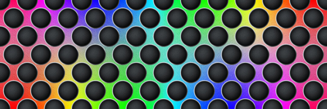 Rainbow gradient seamless perforated metal sheet realistic texture. Metal chrome grill plate with round holes. Modern design carbon radiator bg. Macro speaker radiator. Vector illustration