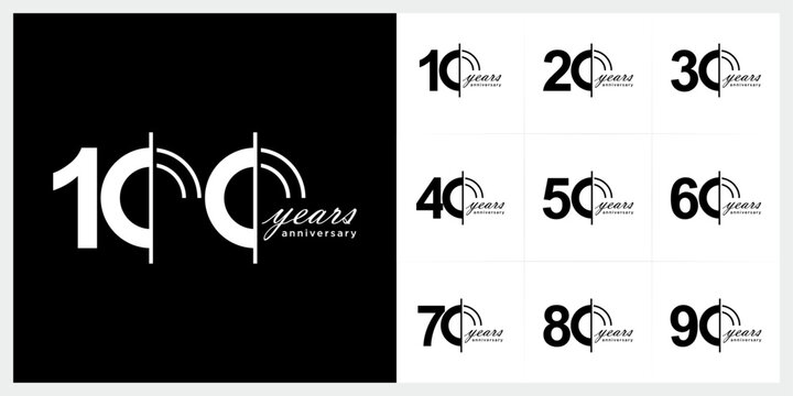 Set of 10 to 100 anniversary logo design. years celebration 10 to 100 logo icon vector collection.	
