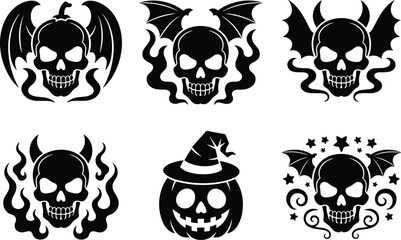 Skull collection with bat wings and magic elements for dark fantasy artistic decoration © MstRina
