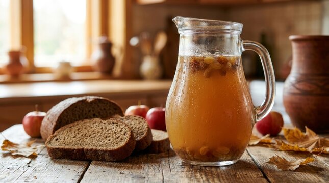 Traditional kvass in a glass jug with rustic bread and apples on a wooden table, next to autumn leaves