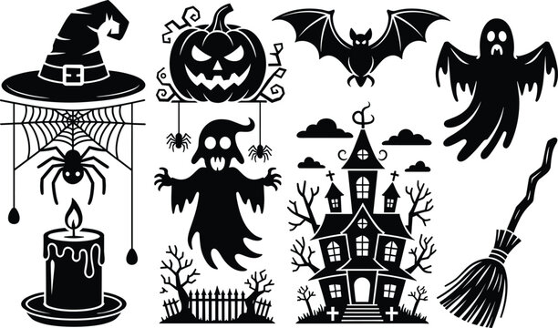 Halloween spooky holiday element set featuring witch hat pumpkin bat ghost spider house