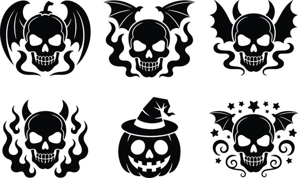 Skull collection with bat wings and magic elements for dark fantasy artistic decoration
