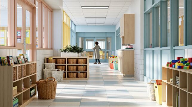 Teacher Arranging First-Week Learning Centers in Bright School Hallway