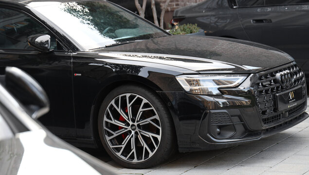 Belgrade, Serbia - July 4, 2025: cars standing in a row. Fleet of generic modern autos Transportation Luxury vehicle fleet consisting of Audi quattro s1 BMW Mercedes Benz brands automobile background