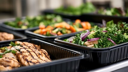 Obraz premium Rows of black containers holding fresh salads and grilled chicken portions arranged neatly on a stainless steel surface