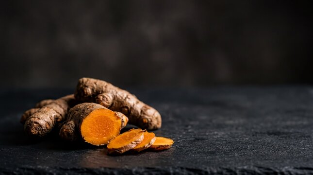 natural antibiotics and anti fungal treatment, ginger against a black backdrop