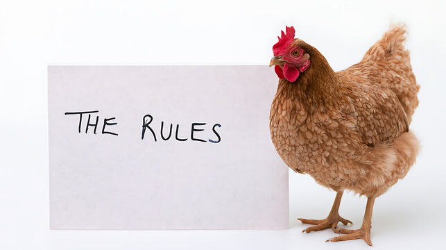 Domesticated Common Fowl Hen Beside White Signboard with Rules Message on Clean White Background, Representing Guidance and Order