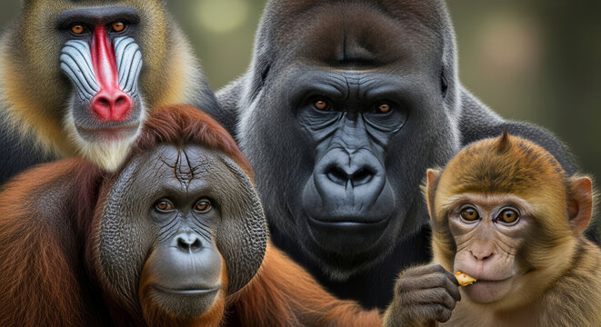 Mandrill Mandrillus sphinx with Gorilla Orangutan and Small Monkey