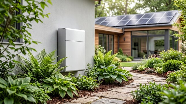 Sleek Home Battery Storage in Lush Garden: Sustainable Energy Future for Modern Living