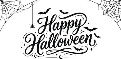 A black Halloween greeting with spider webs and bats isolated on a white background in a modern flat design style. © Sadik Lisan