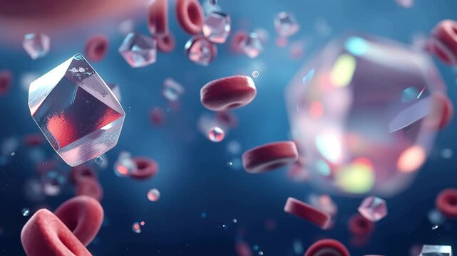 Dynamic visualization of red blood cells and geometric crystals in a vibrant blue microscopic environment